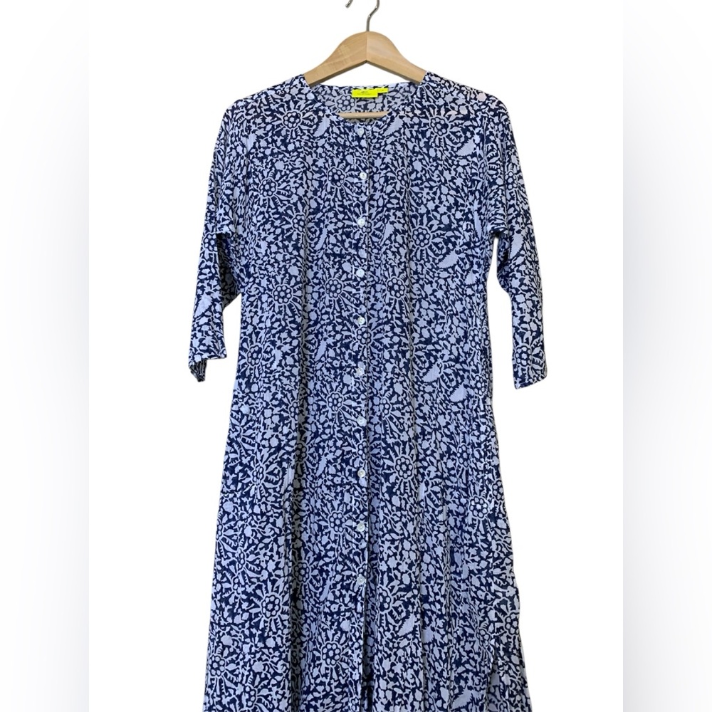 Roller Rabbit Navy‎ Damask Print Long Sleeve Maxi Dress Cover-Up Boho Size M - Picture 2 of 7